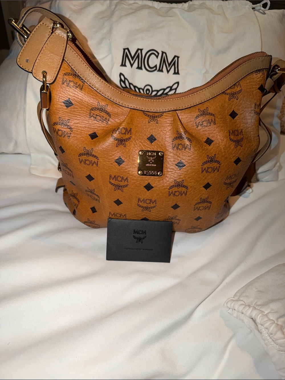 MCM Aren Hobo Bag in Cognac Visetos Monogram - Full Set